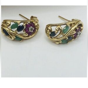 Vintage 10k Gold Ruby Sapphire Emerald & Diamond Earrings Floral Half Hoop Open